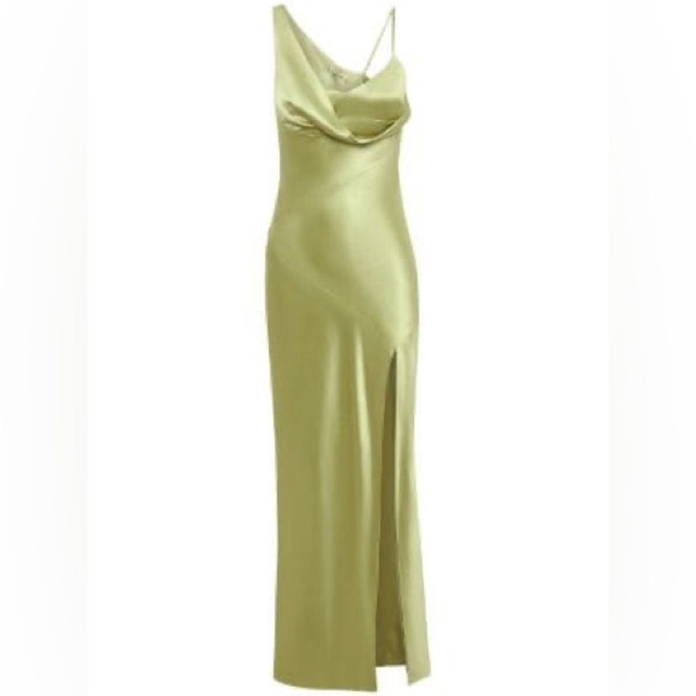 RTR Nicholas Duna one-shoulder satin maxi dress gown slit olive green size 2 - Picture 11 of 15